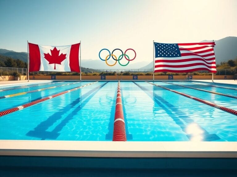 Flick International A serene swimming pool featuring the Canadian and American flags, symbolizing Ilya Kharun's transition from Canada to the USA.