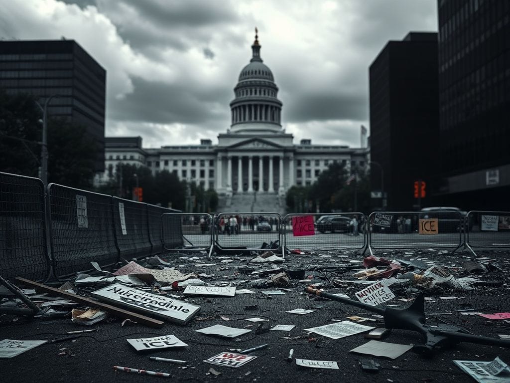 Flick International Urban landscape depicting a tension-filled scene in Minneapolis with government buildings and protest debris