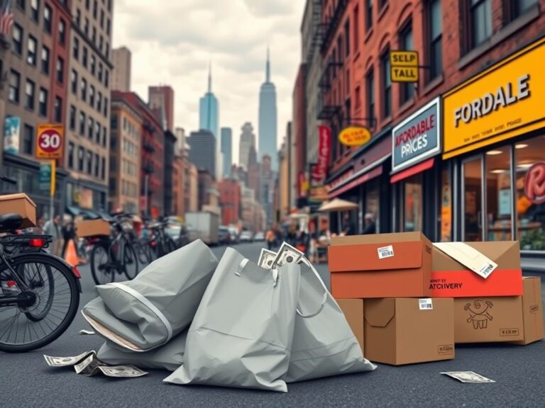 Flick International Bustling New York City street scene with delivery bikes and scattered food delivery bags