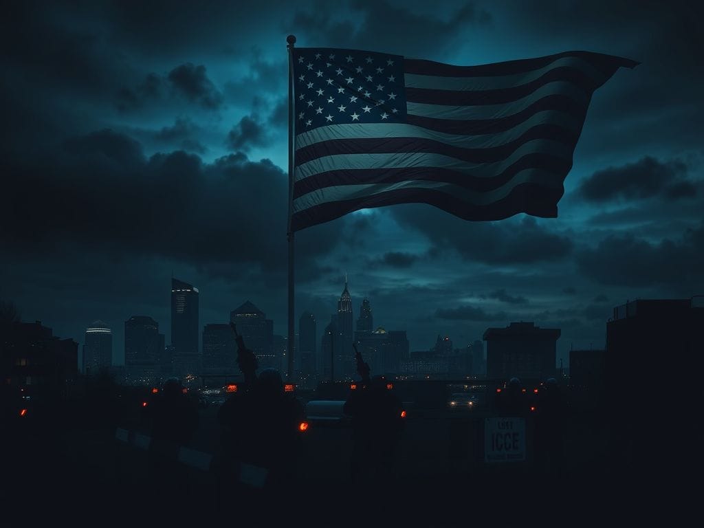 Flick International Dramatic nighttime scene of Minneapolis skyline with clouds and law enforcement silhouettes