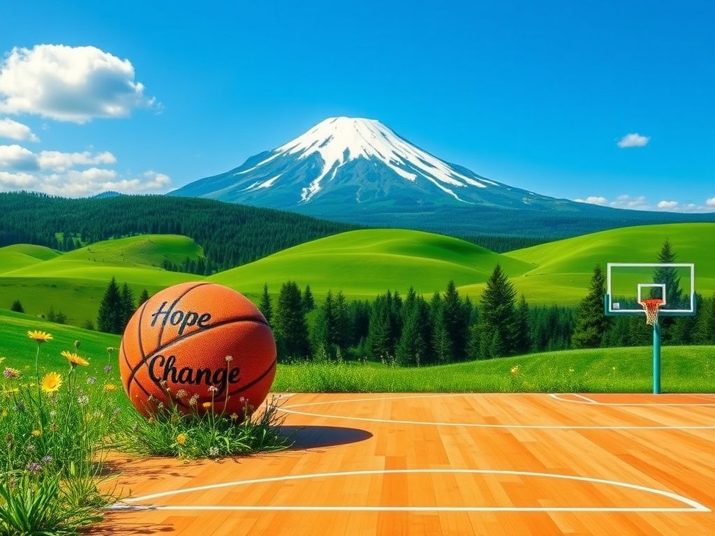 Flick International Vibrant landscape of Oregon featuring Mount Hood and a basketball court symbolizing Chris Dudley's political aspirations