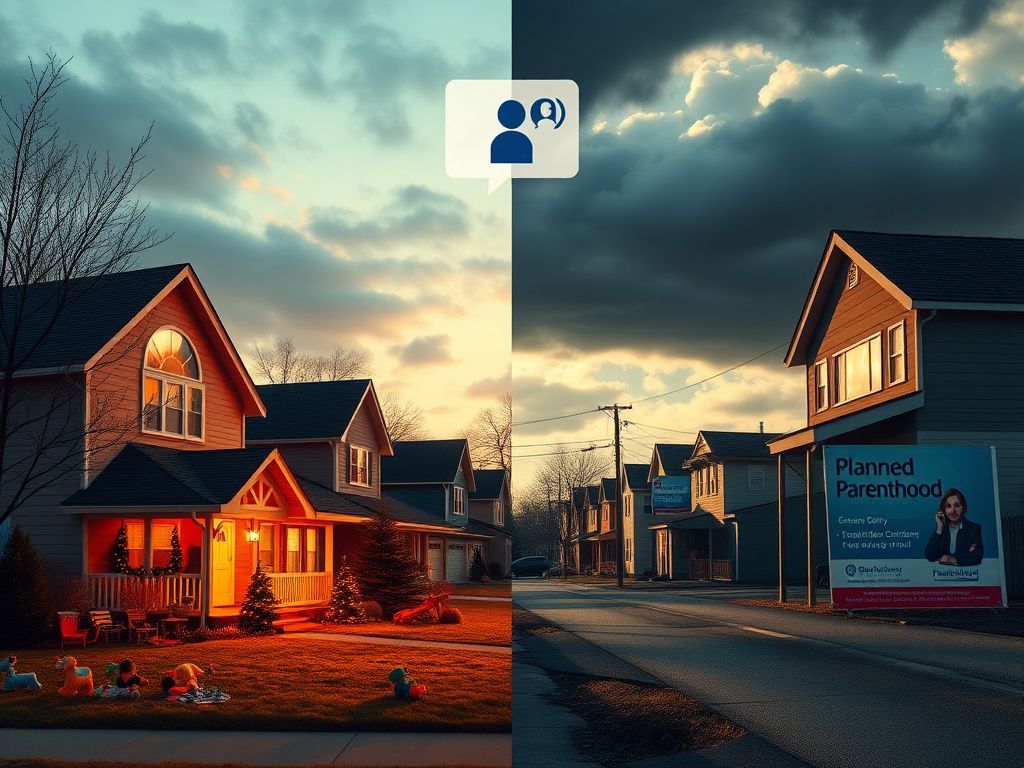 Flick International A split scene contrasting a peaceful suburban neighborhood with Christmas decorations and a tense urban setting marked by campaign posters and Planned Parenthood symbols.