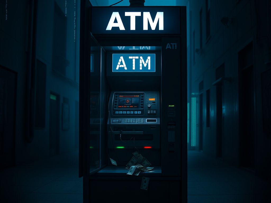 Flick International Dimly lit, high-tech ATM kiosk showcasing tampering and illicit activity in an urban environment