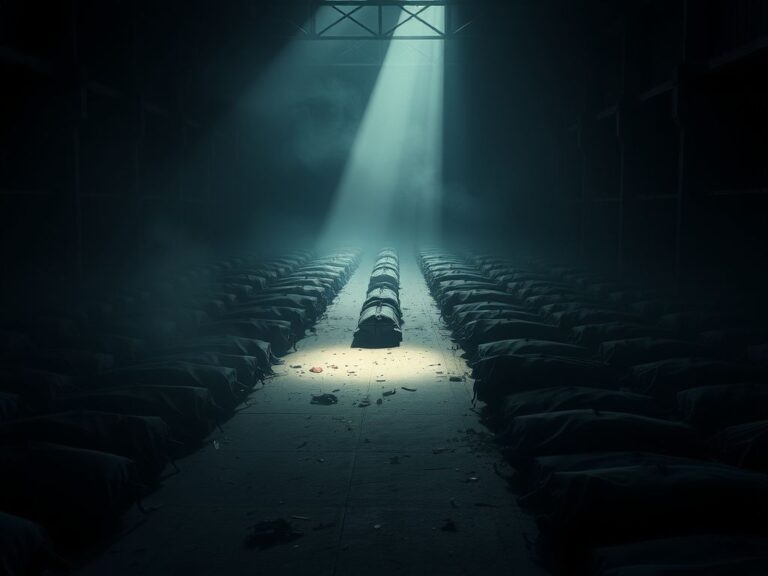 Flick International Dimly lit warehouse filled with black body bags symbolizing loss and mourning