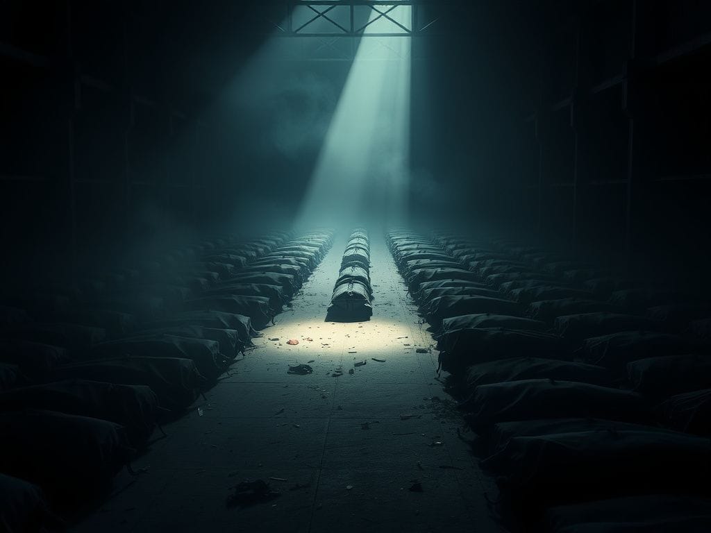 Flick International Dimly lit warehouse filled with black body bags symbolizing loss and mourning