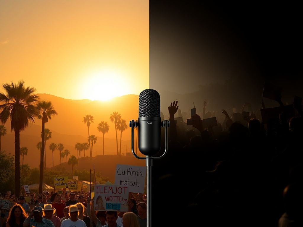 Flick International A split-screen image showing a vibrant California landscape on the left and a somber political protest scene on the right, illustrating the clash of progressive and conservative ideals.