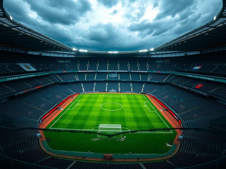 Flick International Aerial view of an empty soccer stadium under a gloomy sky