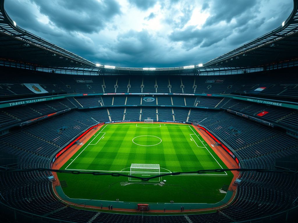 Flick International Aerial view of an empty soccer stadium under a gloomy sky