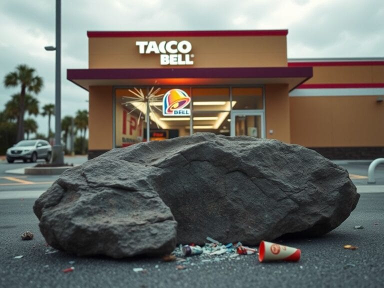 Flick International Shattered Taco Bell drive-thru window with a large rock in the foreground
