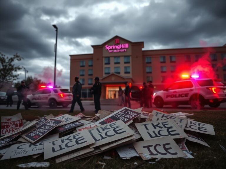 Flick International Exterior view of the SpringHill Suites by Marriott in Maple Grove, Minnesota, with police vehicles and protest signs visible.