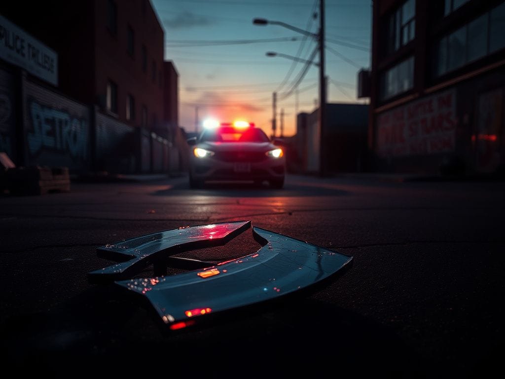 Flick International Dimly lit urban scene with a shattered window and police lights reflecting