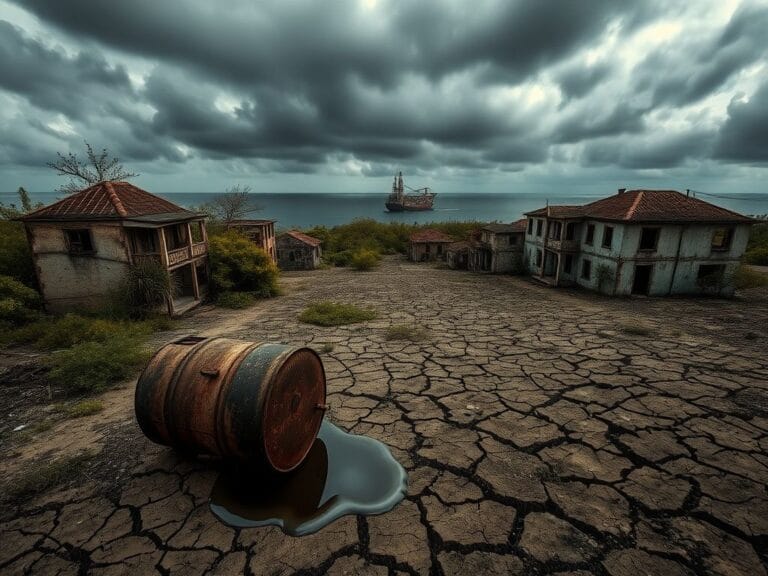 Flick International Aerial view of a desolate Cuban landscape with crumbling buildings and an abandoned rusted oil barrel symbolizing economic decline