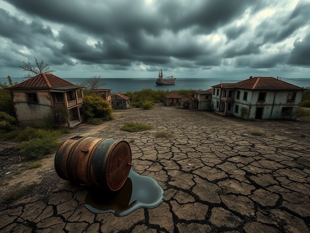 Flick International Aerial view of a desolate Cuban landscape with crumbling buildings and an abandoned rusted oil barrel symbolizing economic decline