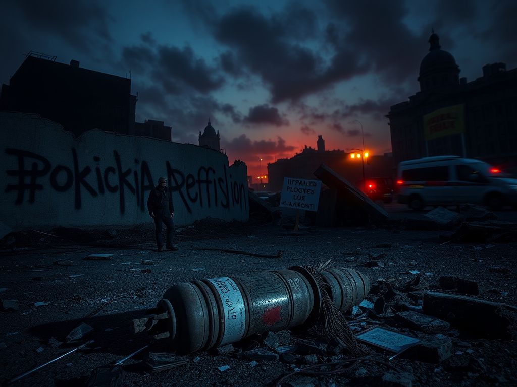 Flick International A dramatic urban landscape depicting political unrest with a crumbling wall and abandoned explosive device