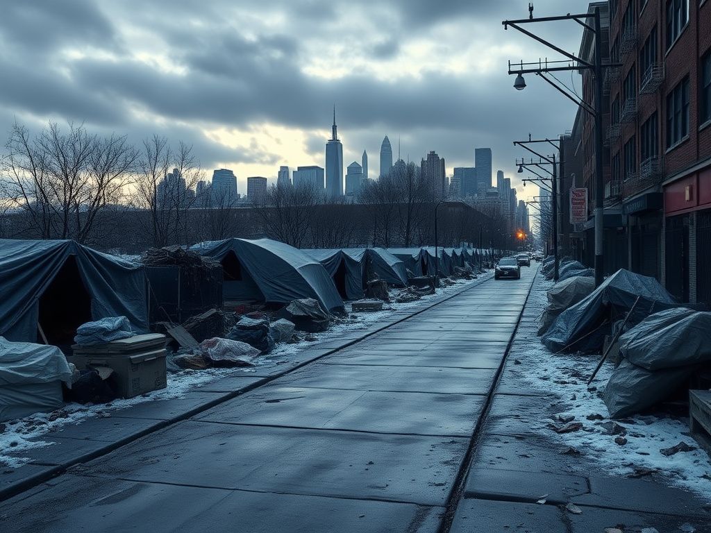 Flick International Stark urban landscape in New York City during a harsh winter, showcasing neglected sidewalks and homeless encampments.