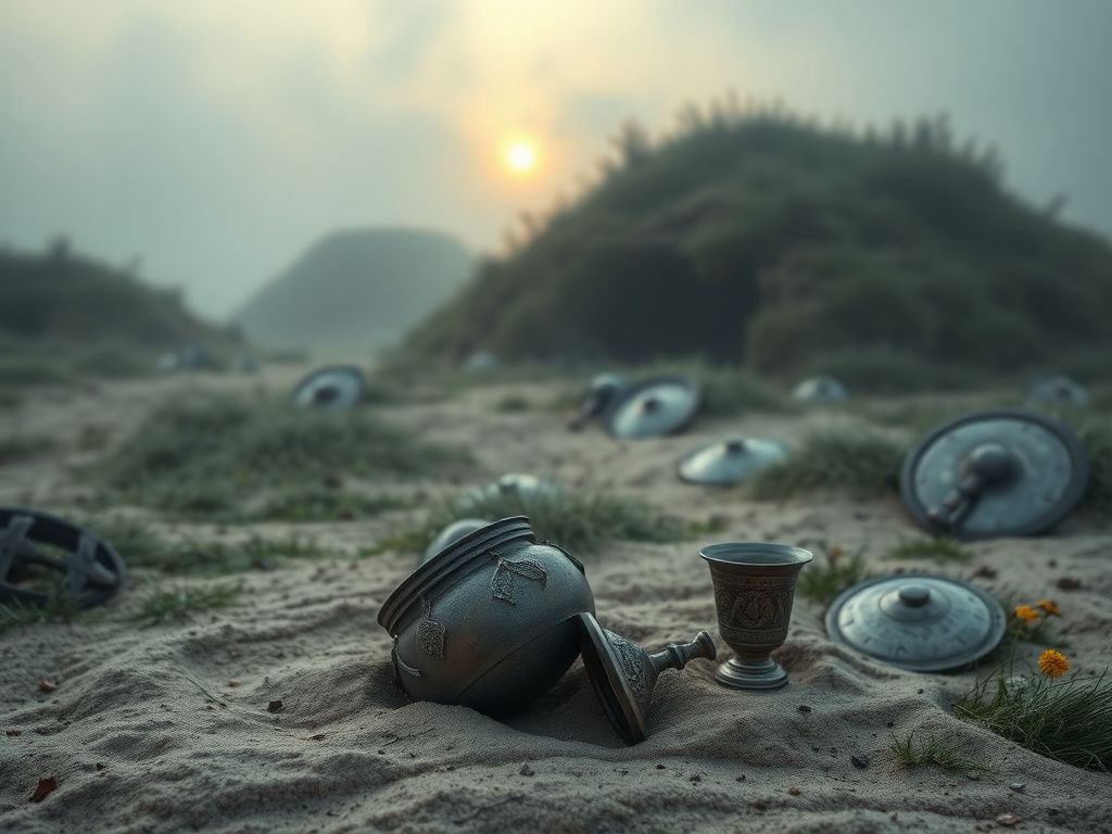 Flick International Eerie graveyard scene at dawn with ancient burial mounds and artifacts