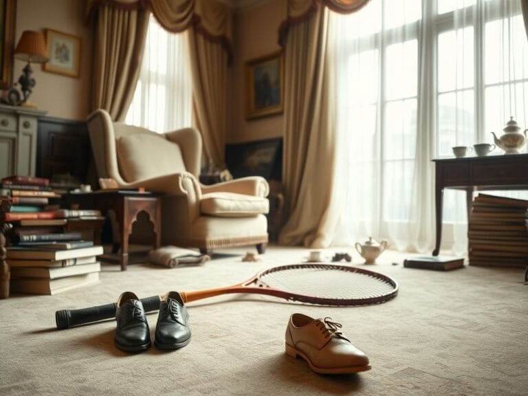 Flick International A richly decorated royal cottage interior with elegant shoes and a vintage tennis racket symbolizing tension