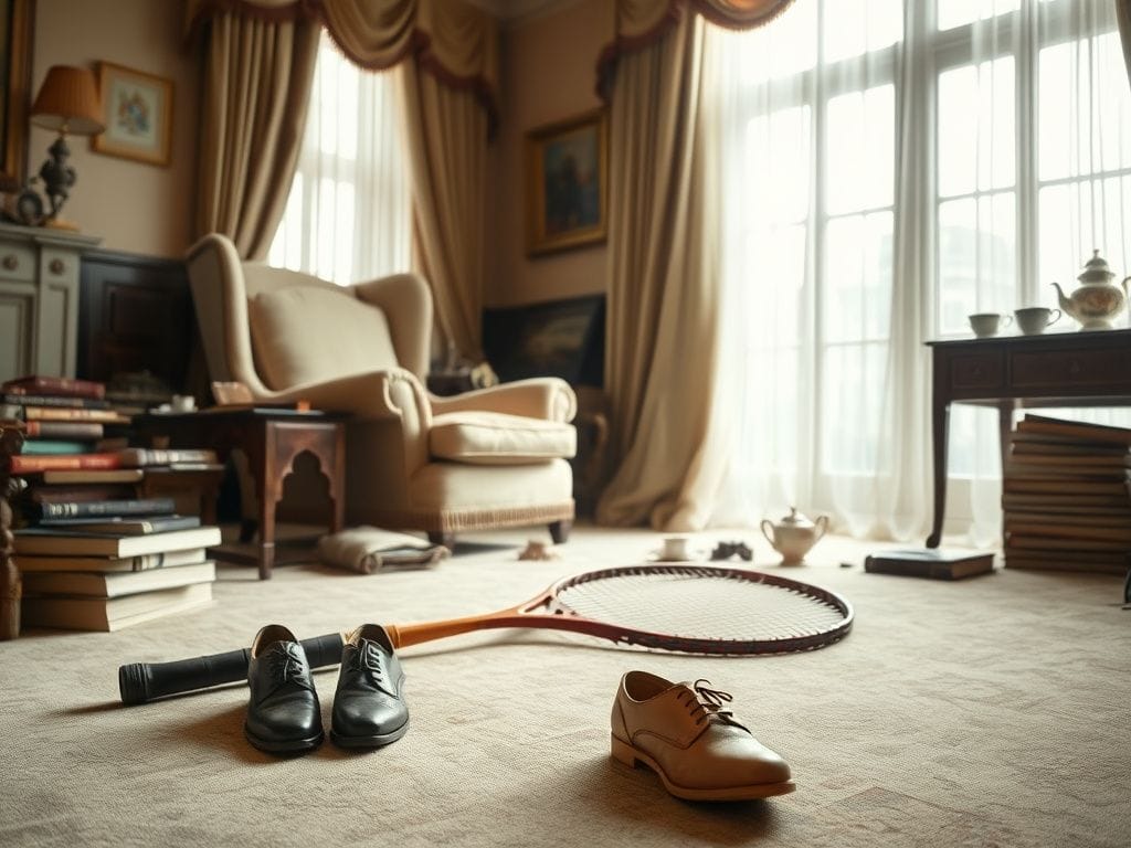 Flick International A richly decorated royal cottage interior with elegant shoes and a vintage tennis racket symbolizing tension