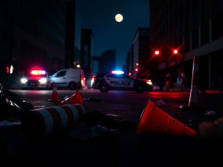 Flick International A dramatic nighttime scene of a Minnesota city street illuminated by police lights amidst a chaotic protest