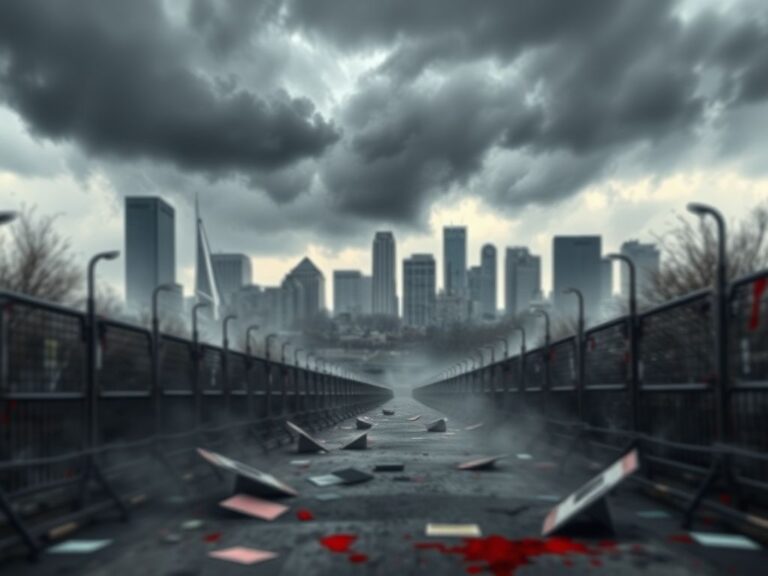 Flick International Abstract representation of chaos in Minneapolis with fragmented skyline and police barriers