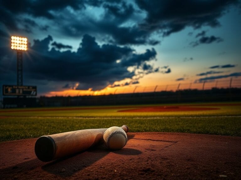 Flick International An empty baseball field at dusk with a weathered bat and a baseball, symbolizing division and reflection.