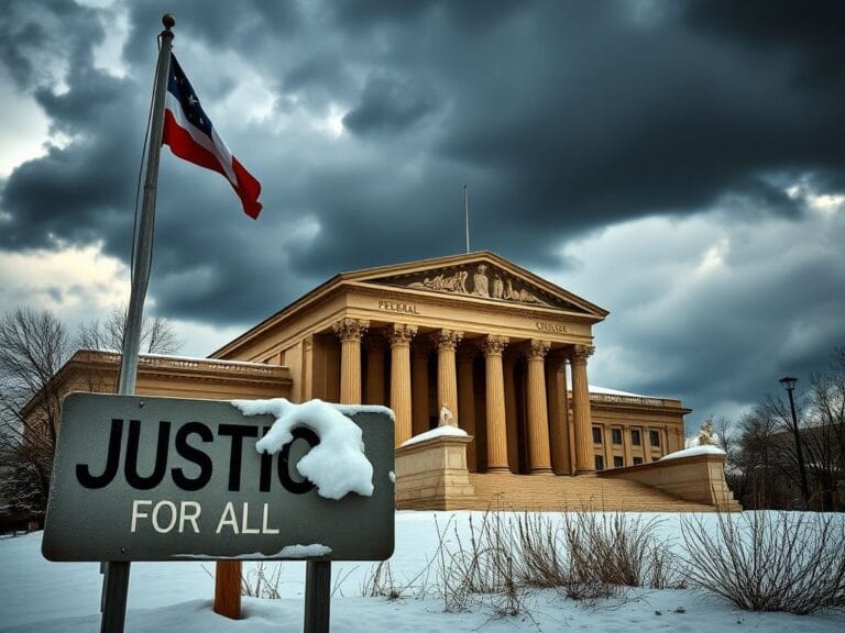 Flick International Powerful federal courthouse with tall pillars and flag, symbolizing justice