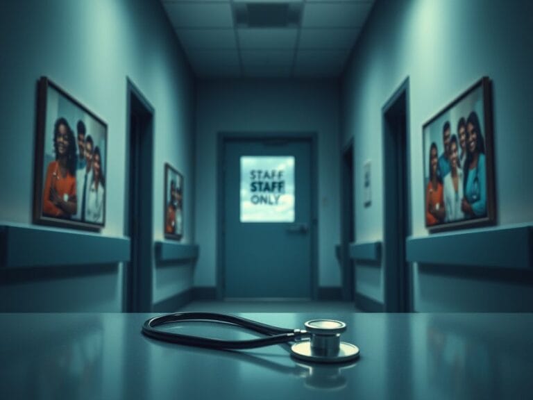 Flick International A somber hospital corridor with a closed door marked 'Staff Only' and a stethoscope on a polished surface