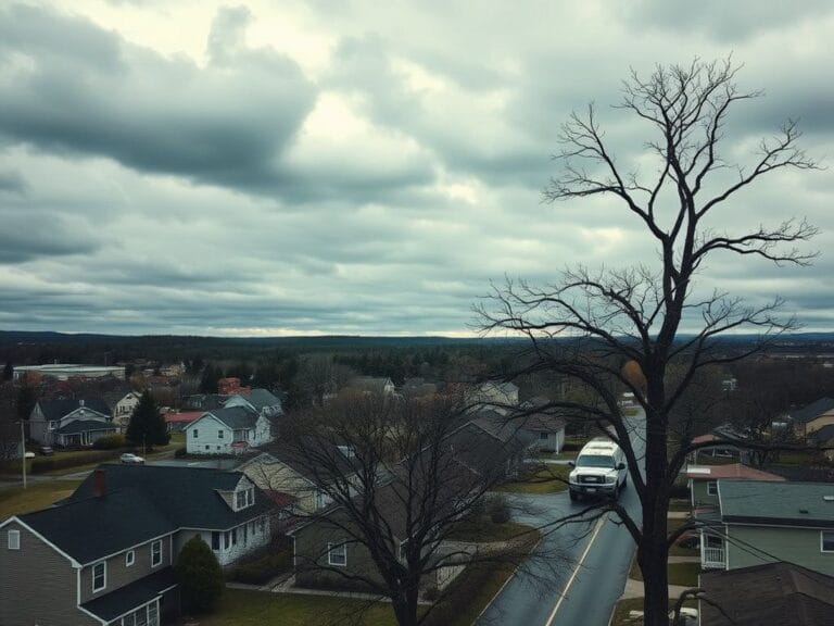 Flick International Aerial view of a quiet Maine town with an ICE vehicle present
