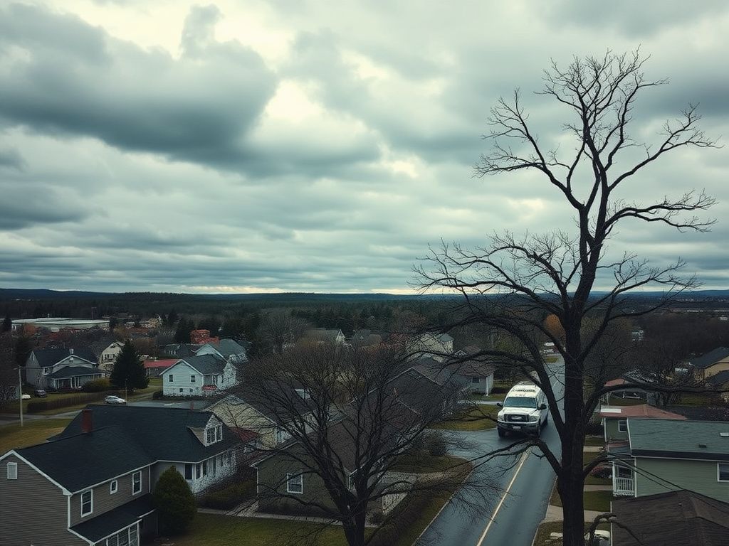 Flick International Aerial view of a quiet Maine town with an ICE vehicle present