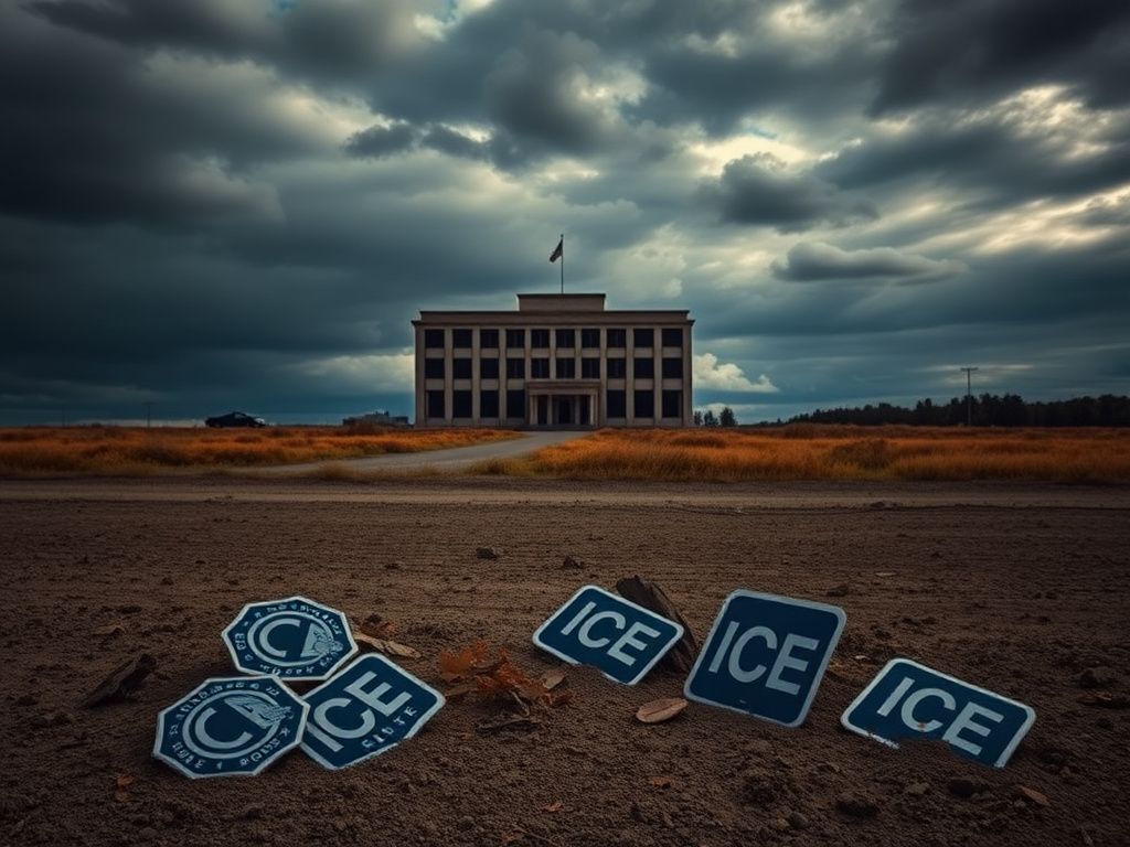 Flick International Dramatic landscape of the Minnesota state border with civil enforcement badges and overturned ICE signs