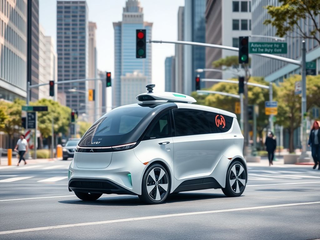 Flick International All-electric Uber robotaxi without a driver on a bustling city street in San Francisco.