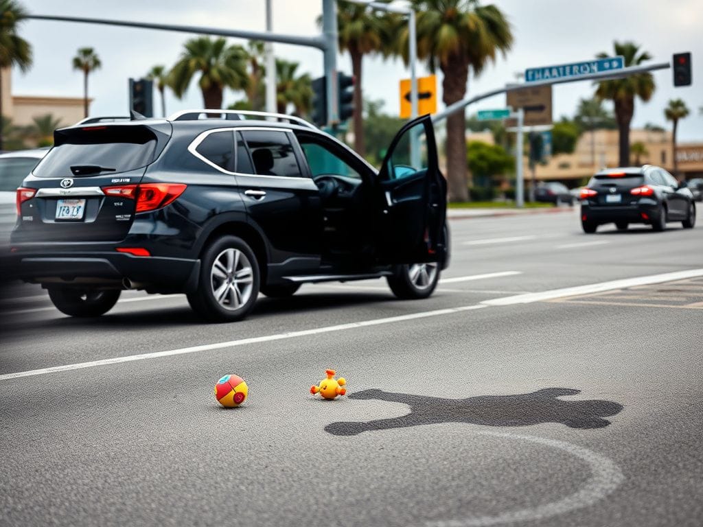 Flick International A black SUV parked at a busy intersection in Fullerton, California, with a child's toy on the road