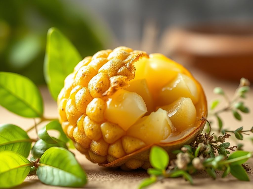 Flick International Close-up of monk fruit with a spongy shell and vibrant green leaves, highlighting its unique texture