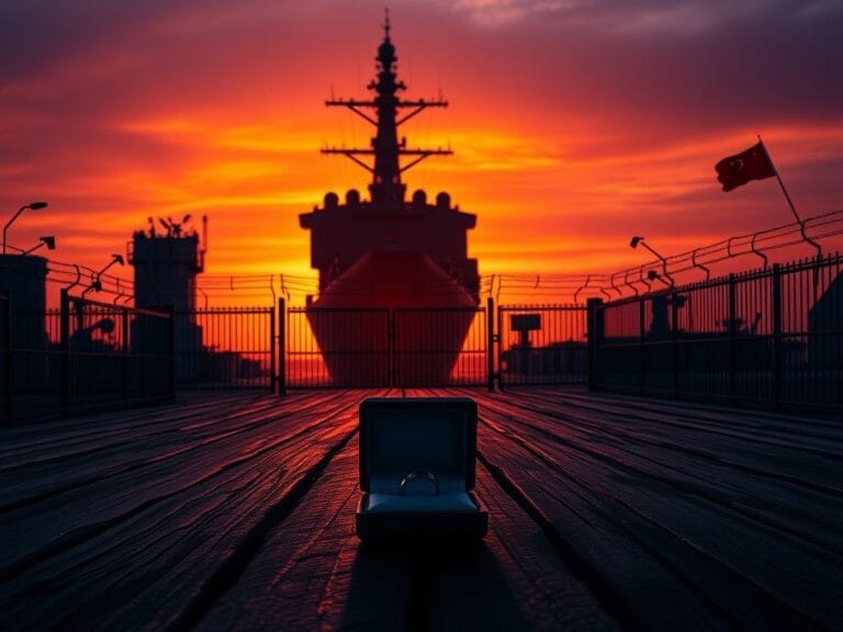 Flick International Dramatic twilight scene of a U.S. Naval base with an empty wedding ring box symbolizing a sham marriage scandal