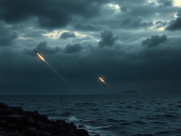 Flick International Silhouettes of short-range ballistic missiles rising from the sea amidst dark clouds