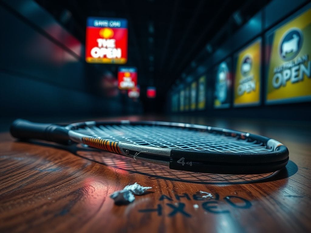 Flick International Close-up of a shattered tennis racket on a wooden floor