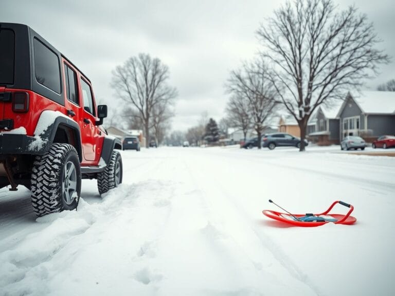Flick International Snow-covered street in Frisco, Texas, featuring a parked red Jeep and an abandoned sled