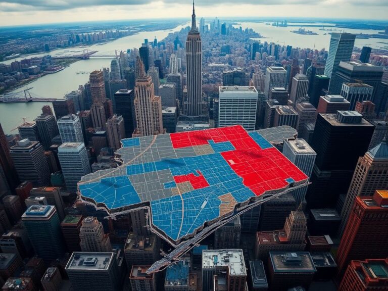 Flick International Aerial view of New York City showcasing the skyline and a political map overlay