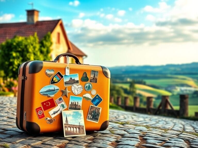 Flick International A suitcase symbolizing departure sits on a cobblestone street in front of a quaint house