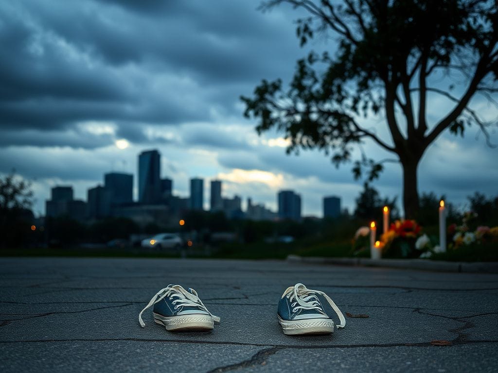 Flick International A somber urban landscape in Minnesota featuring empty sneakers symbolizing lost lives