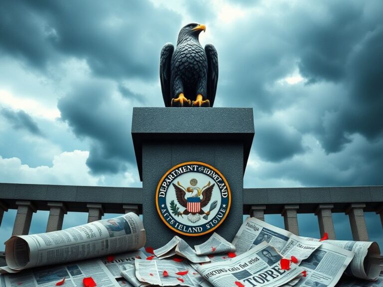 Flick International Granite statue of an eagle perched atop a podium with a broken seal, symbolizing strength and accountability amidst dark storm clouds.