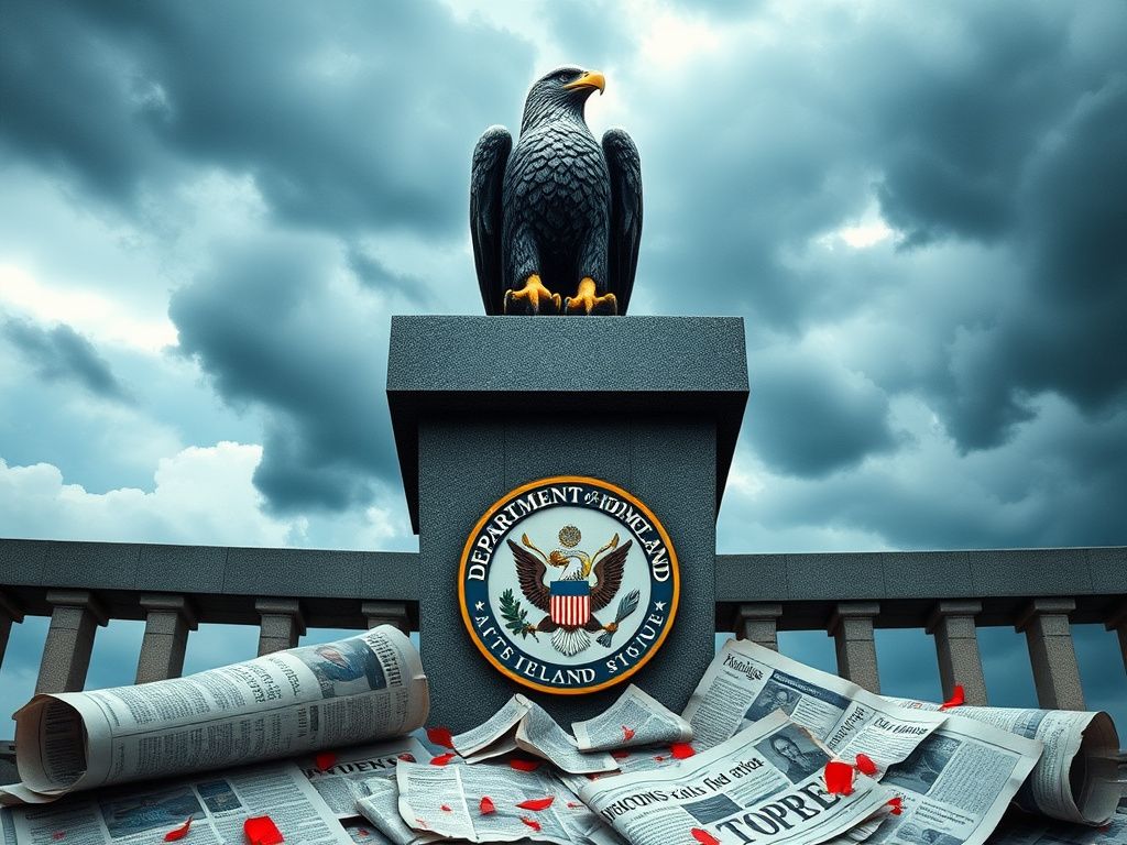 Flick International Granite statue of an eagle perched atop a podium with a broken seal, symbolizing strength and accountability amidst dark storm clouds.