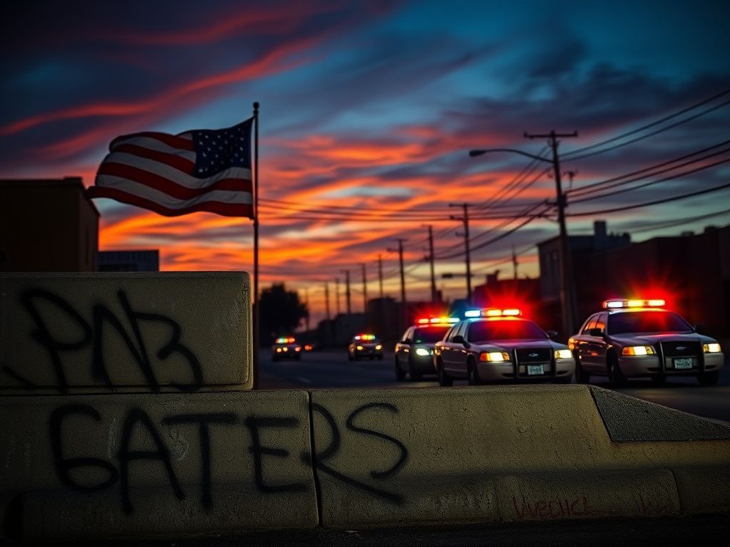 Flick International Dramatic street scene at dusk capturing urban division and unrest