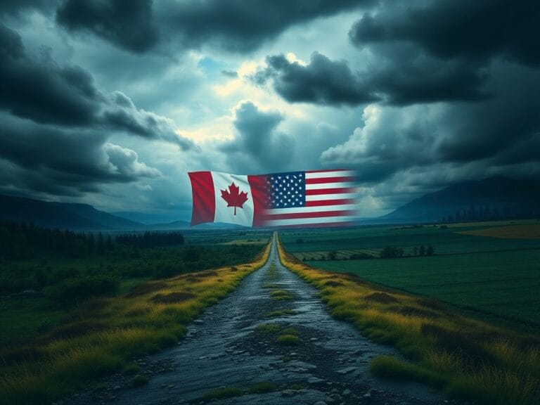 Flick International Dramatic landscape of the Canada-US border depicting flags blending and trade routes
