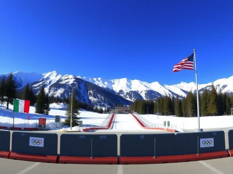 Flick International Panoramic view of the Milan Cortina Winter Olympics venue with snowy Alps