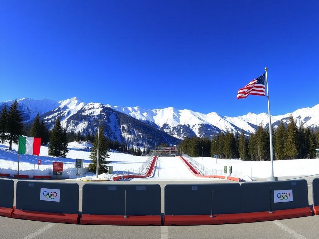 Flick International Panoramic view of the Milan Cortina Winter Olympics venue with snowy Alps
