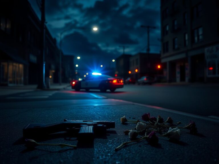 Flick International Dimly lit street corner in Minneapolis with a fallen firearm and wilted flowers