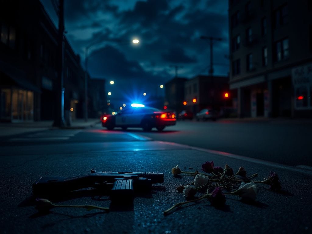 Flick International Dimly lit street corner in Minneapolis with a fallen firearm and wilted flowers