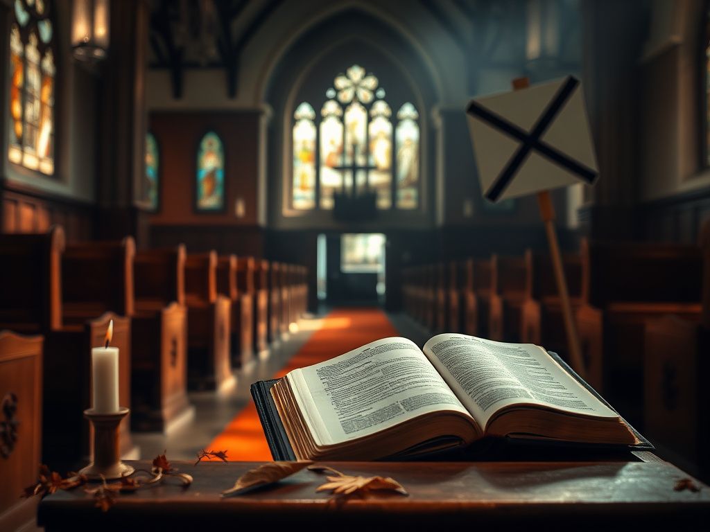 Flick International Empty church interior with stained glass windows and an open Bible on a lectern