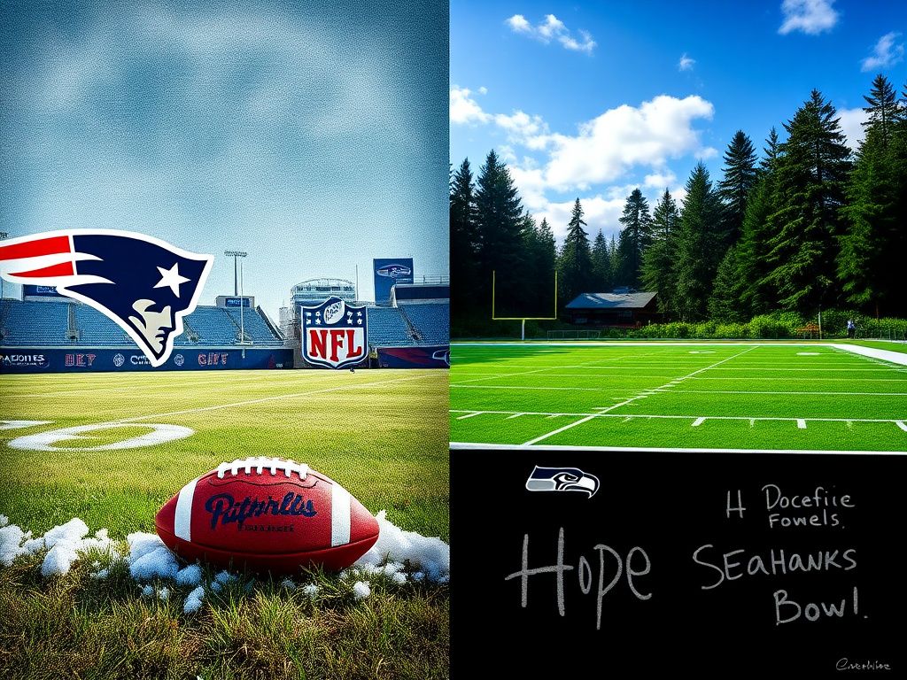 Flick International Gritty New England Patriots football field with snowy end zone and vibrant Seattle Seahawks green field in background